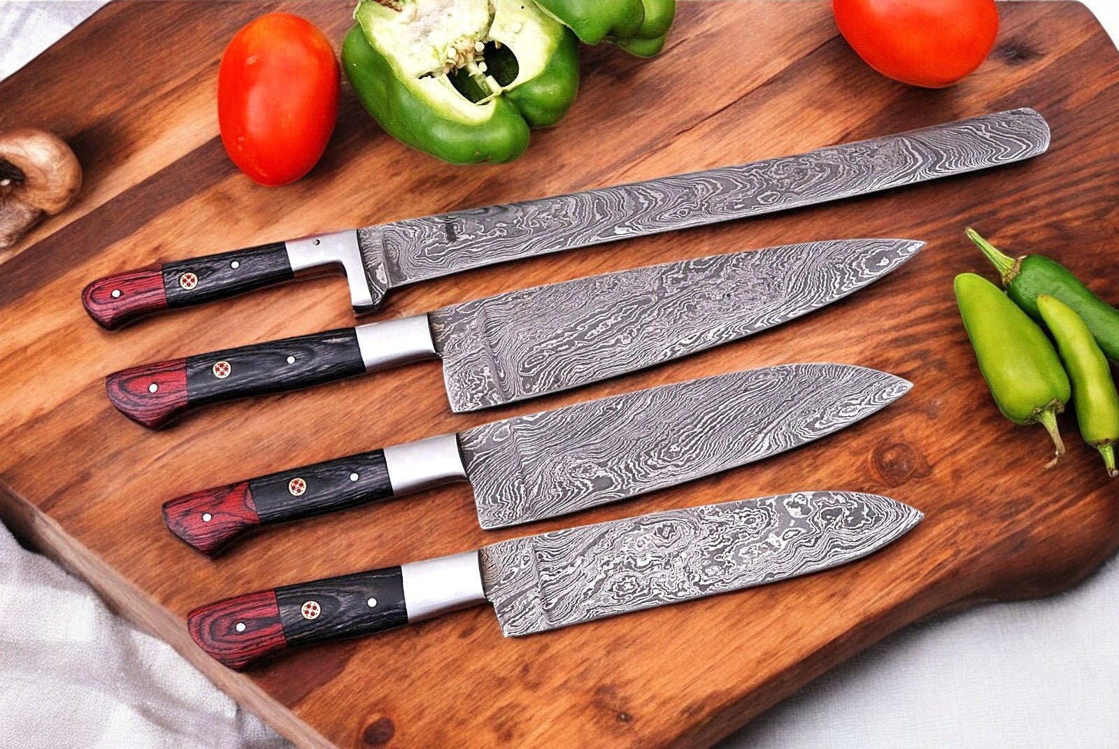 Damascus Knife Store Handmade Kitchen Knives Set with Exotic Wood Handles - Angler's Pro Tackle & Outdoors