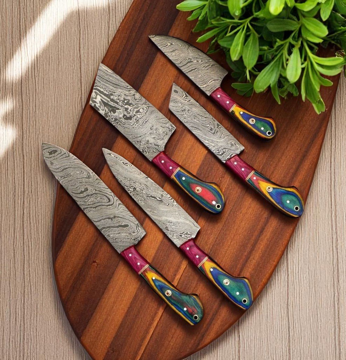 Damascus Knife Store Handmade Kitchen Knives Set with Leather Roll - Angler's Pro Tackle & Outdoors