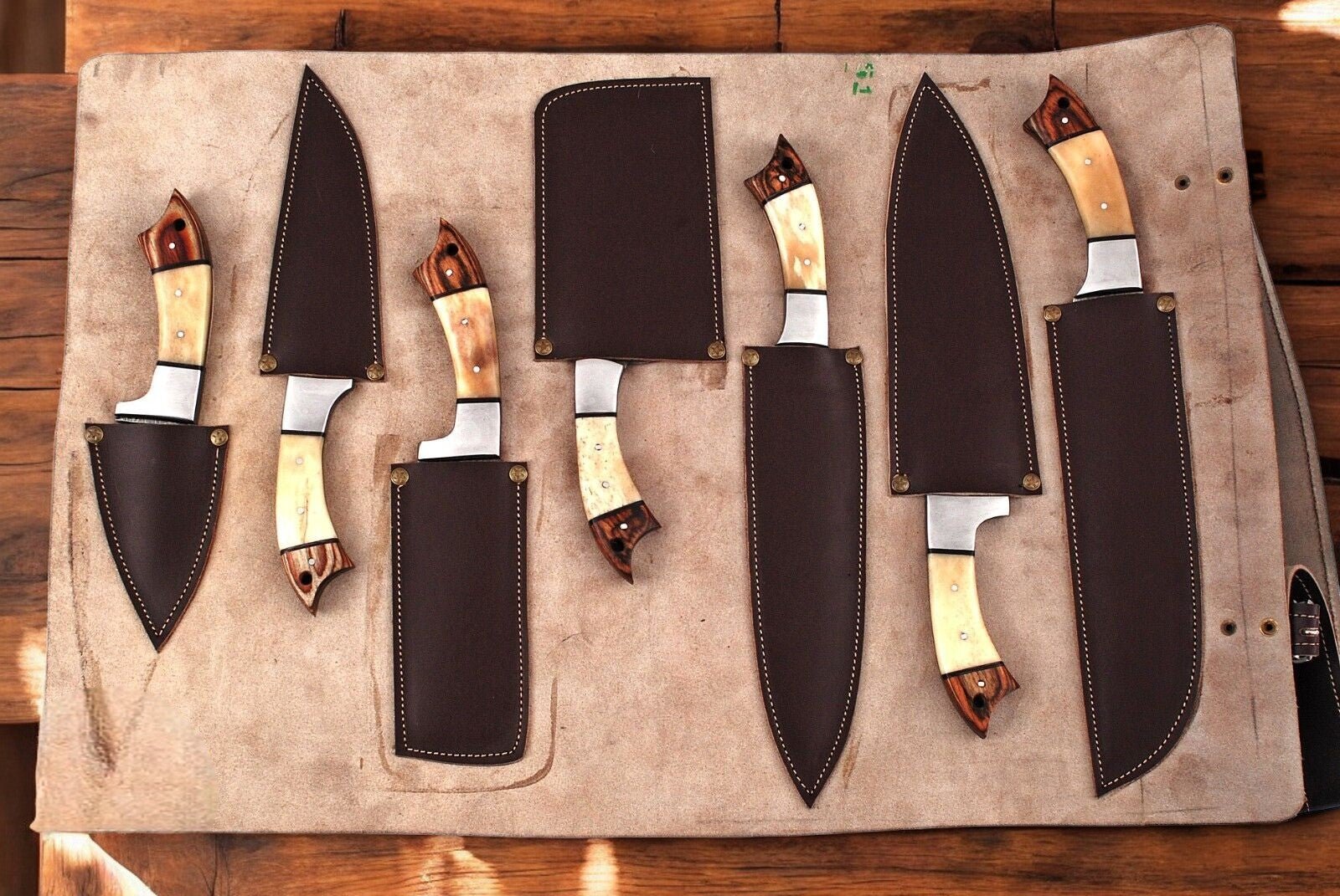 Damascus Knife Store Handmade Kitchen Knives Set with Leather Roll - Angler's Pro Tackle & Outdoors