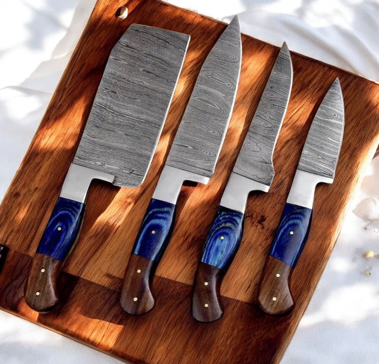 Damascus Knife Store Handmade Kitchen Knives Set with Leather Roll - Angler's Pro Tackle & Outdoors