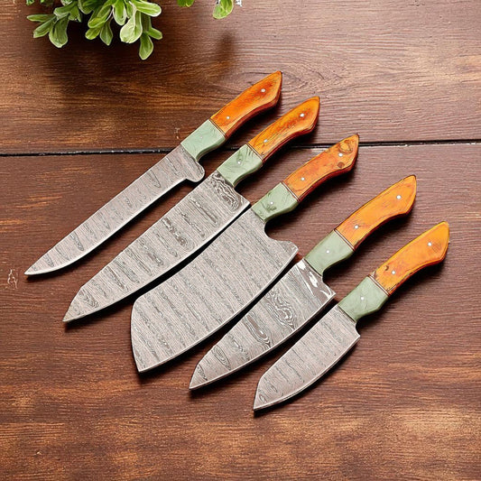 Damascus Knife Store Handmade Kitchen Knives Set with Leather Roll - Angler's Pro Tackle & Outdoors