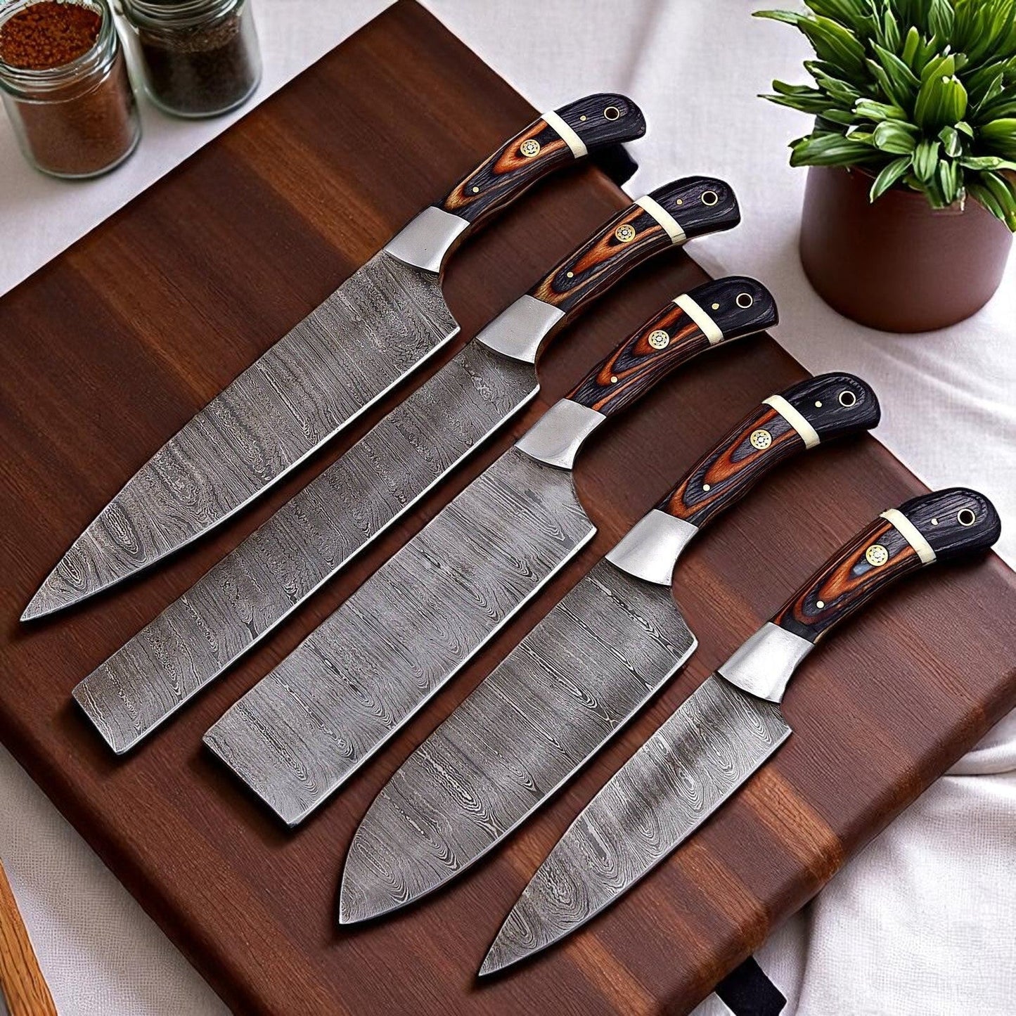 Damascus Knife Store Handmade Kitchen Knives Set with Leather Roll - Angler's Pro Tackle & Outdoors