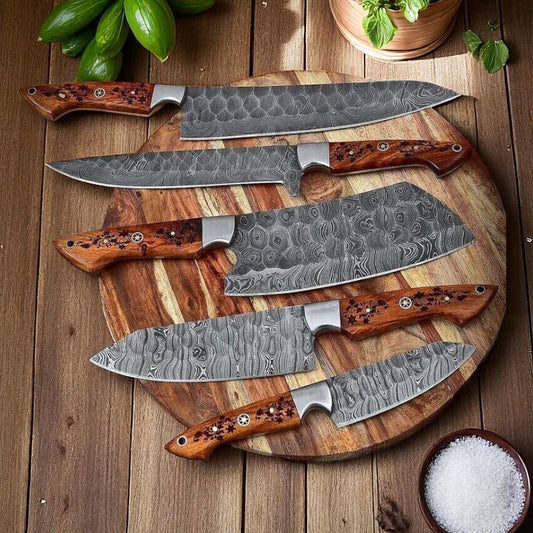 Damascus Knife Store Handmade Kitchen Knives Set with Leather Roll - Angler's Pro Tackle & Outdoors