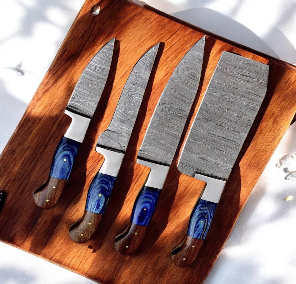 Damascus Knife Store Handmade Kitchen Knives Set with Leather Roll - Angler's Pro Tackle & Outdoors