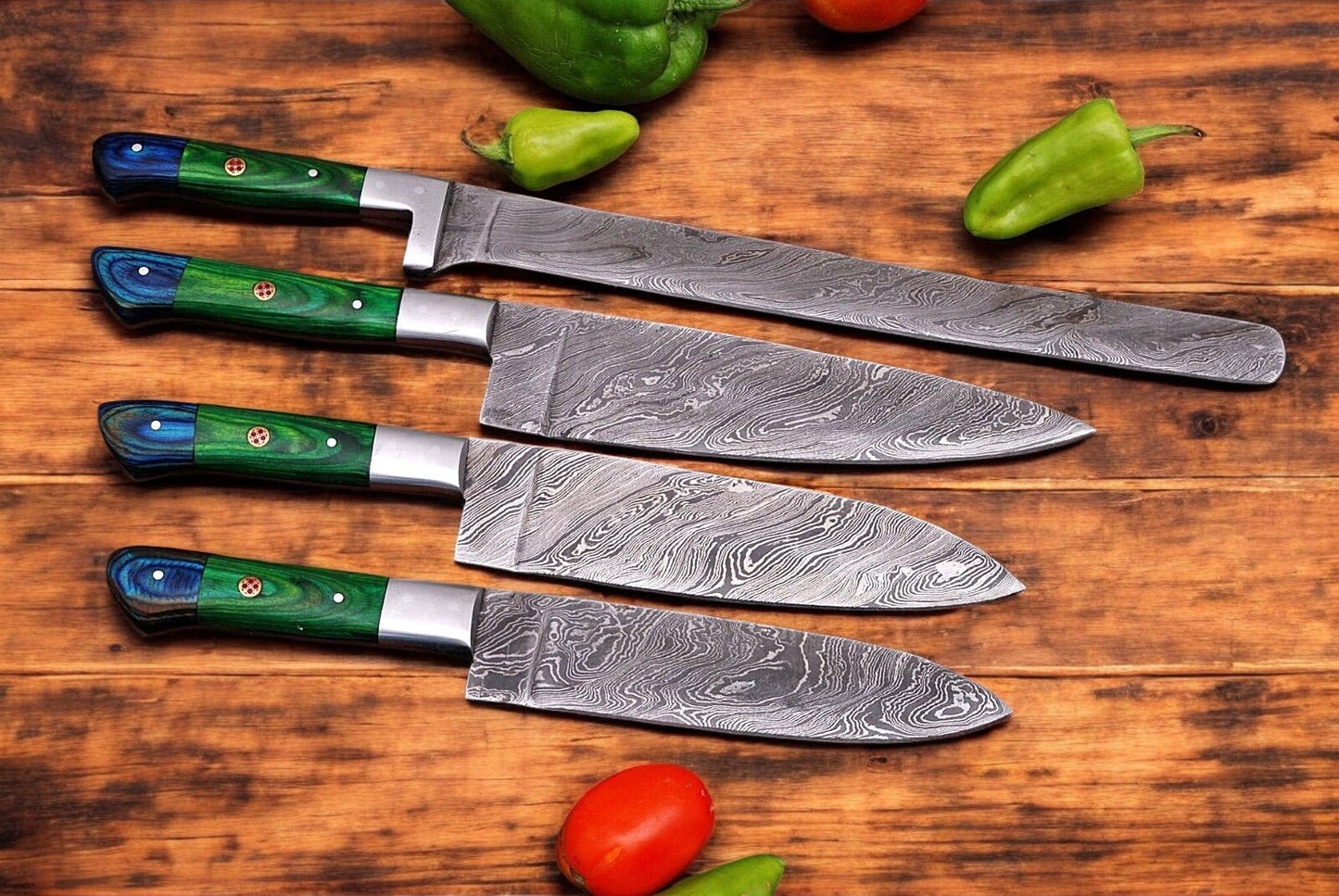 Damascus Knife Store Handmade Kitchen Knives Set with Leather Roll - Angler's Pro Tackle & Outdoors