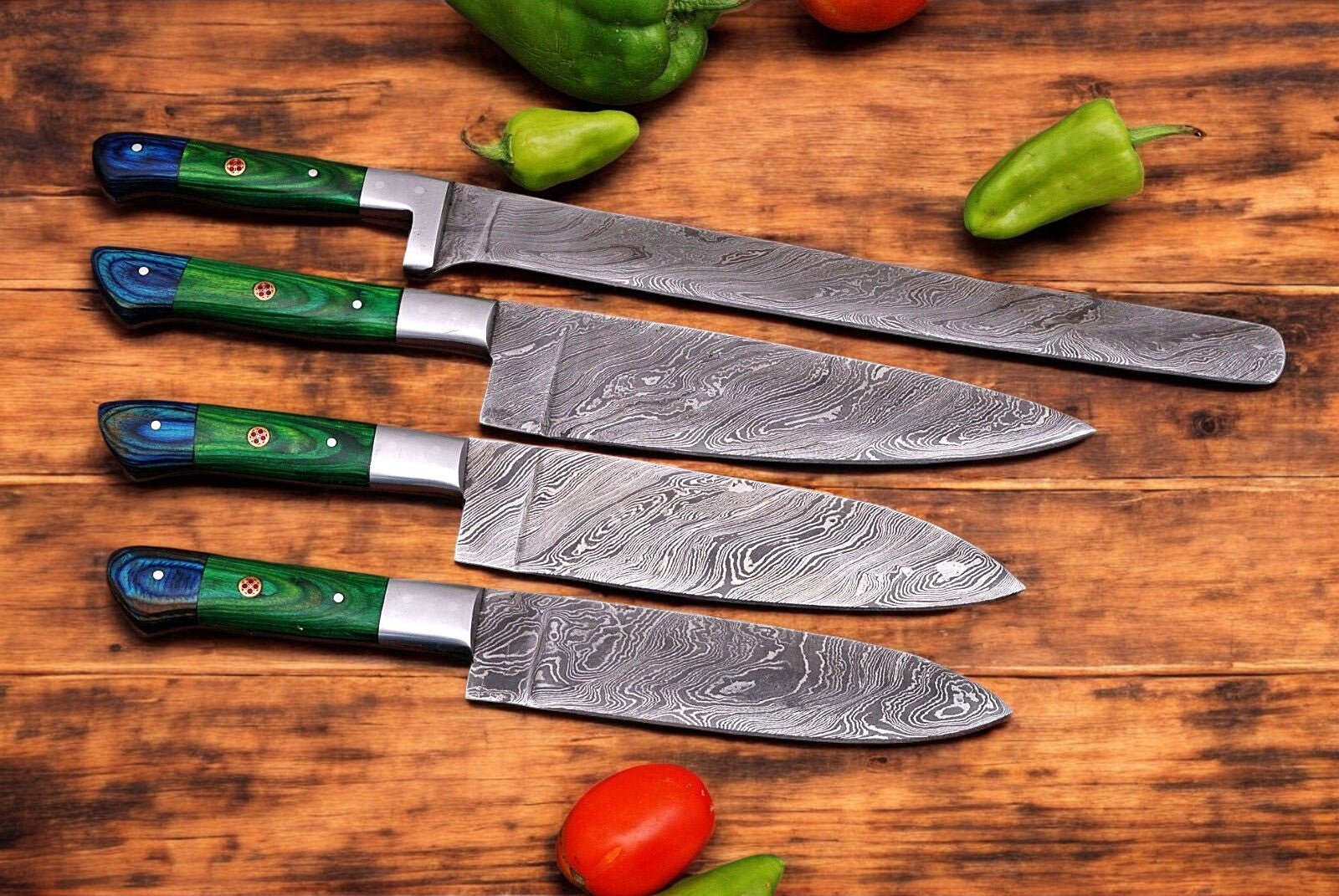 Damascus Knife Store Handmade Kitchen Knives Set with Leather Roll - Angler's Pro Tackle & Outdoors