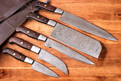 Damascus Knife Store Handmade Kitchen Knives Set with Leather Roll - Angler's Pro Tackle & Outdoors
