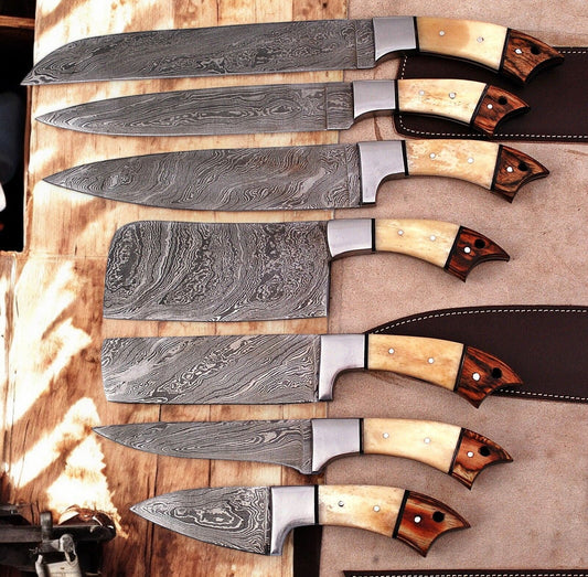Damascus Knife Store Handmade Kitchen Knives Set with Leather Roll - Angler's Pro Tackle & Outdoors