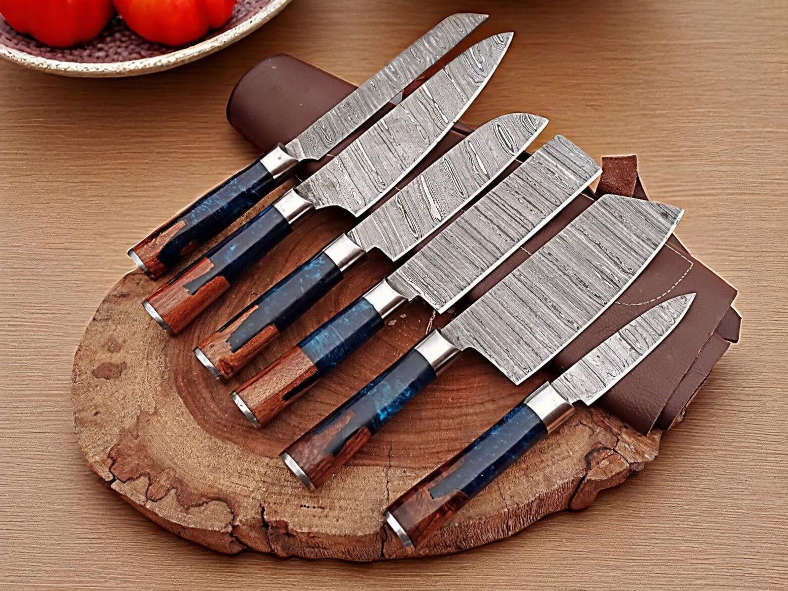 Damascus Knife Store Handmade Kitchen Knives Set with Leather Roll - Angler's Pro Tackle & Outdoors