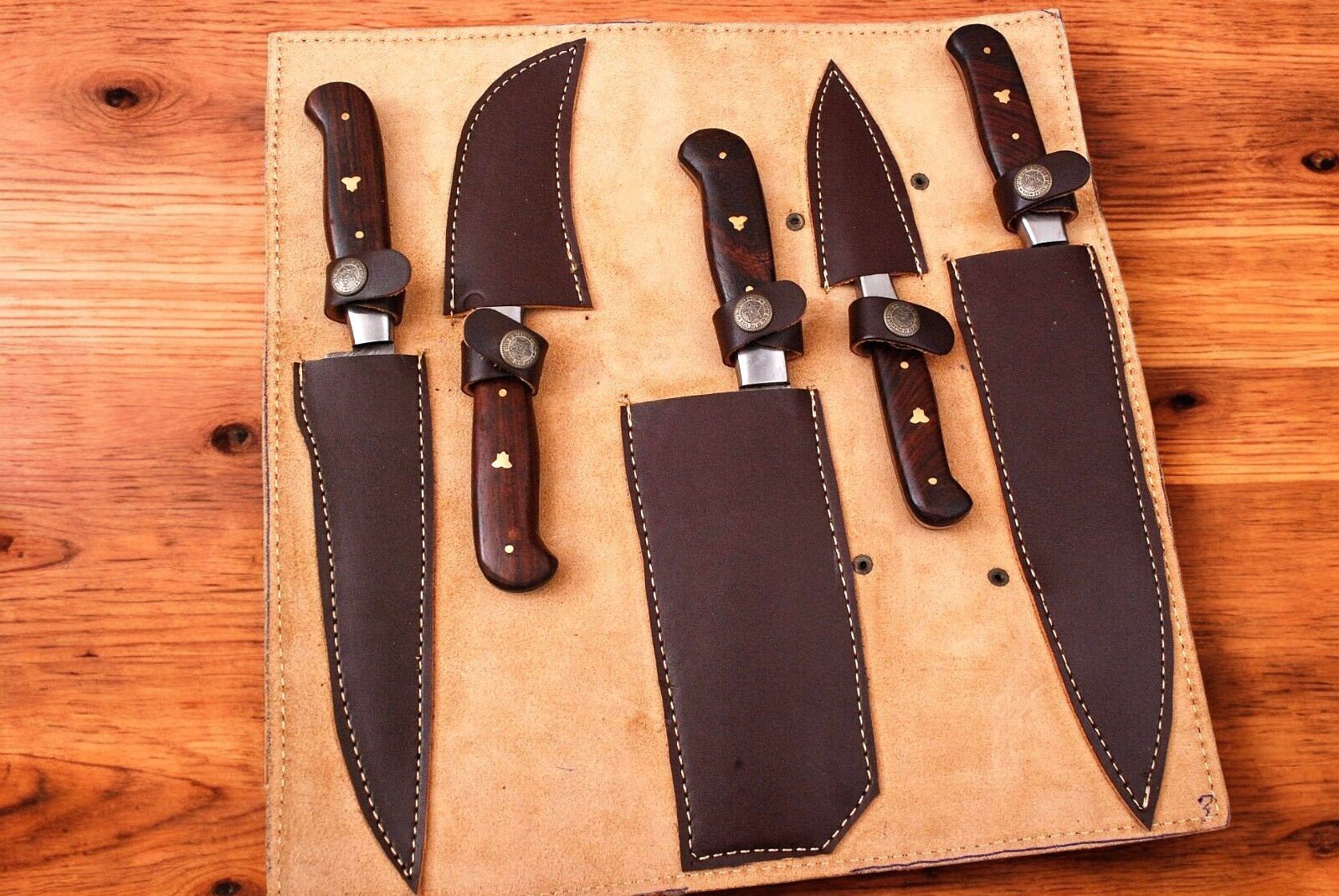 Damascus Knife Store Handmade Kitchen Knives Set with Leather Roll - Angler's Pro Tackle & Outdoors