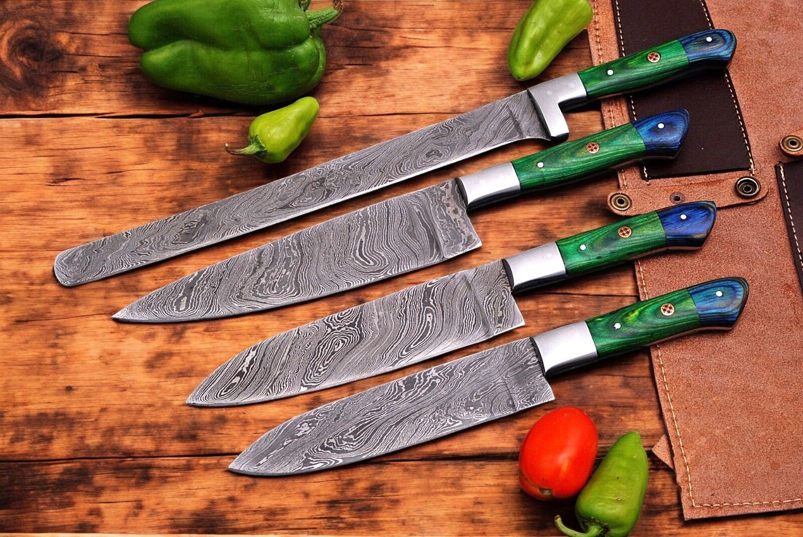 Damascus Knife Store Handmade Kitchen Knives Set with Leather Roll - Angler's Pro Tackle & Outdoors
