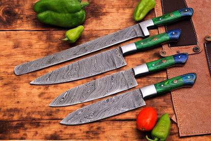 Damascus Knife Store Handmade Kitchen Knives Set with Leather Roll - Angler's Pro Tackle & Outdoors