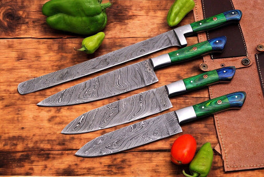 Damascus Knife Store Handmade Kitchen Knives Set with Leather Roll - Angler's Pro Tackle & Outdoors