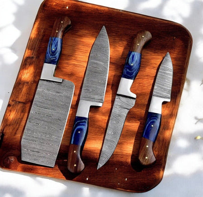 Damascus Knife Store Handmade Kitchen Knives Set with Leather Roll - Angler's Pro Tackle & Outdoors