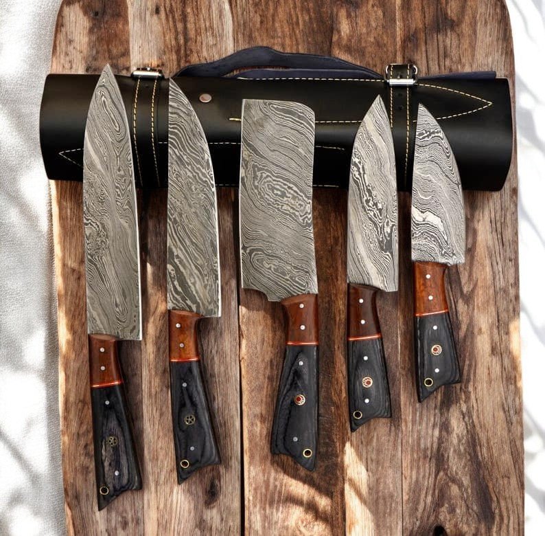 Damascus Knife Store Handmade Kitchen Knives Set with Leather Roll - Angler's Pro Tackle & Outdoors