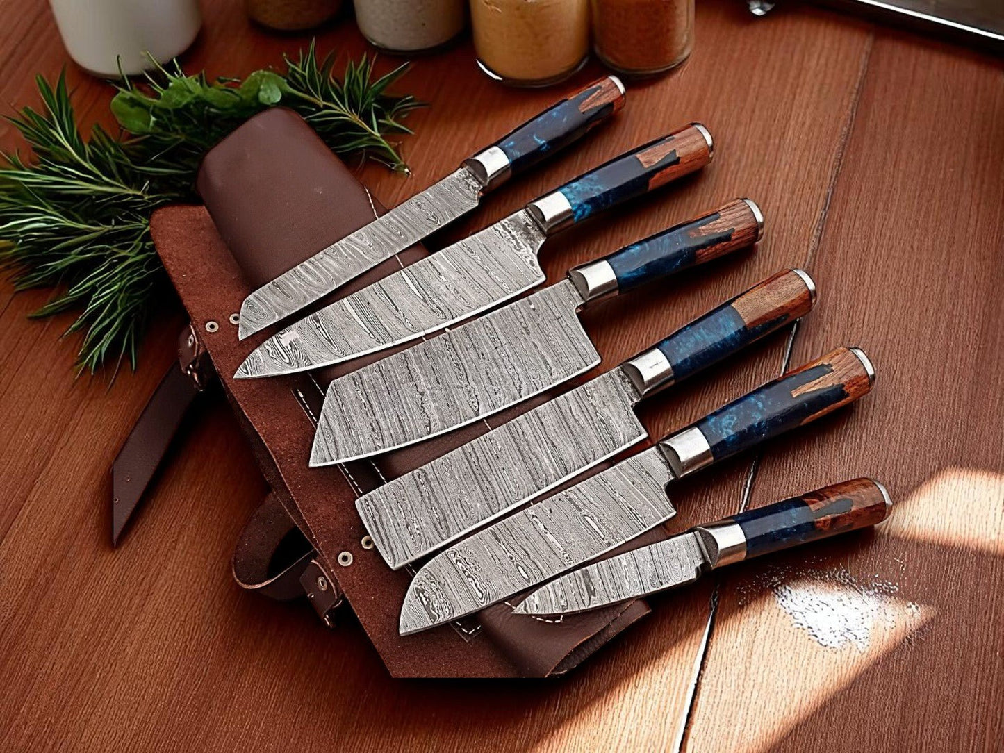 Damascus Knife Store Handmade Kitchen Knives Set with Leather Roll - Angler's Pro Tackle & Outdoors