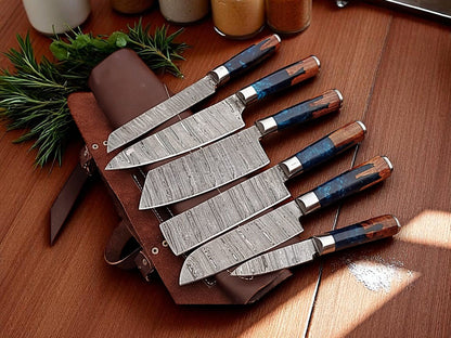 Damascus Knife Store Handmade Kitchen Knives Set with Leather Roll - Angler's Pro Tackle & Outdoors
