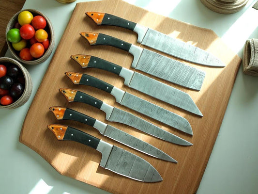 Damascus Knife Store Handmade Kitchen Knives Set with Leather Roll - Angler's Pro Tackle & Outdoors