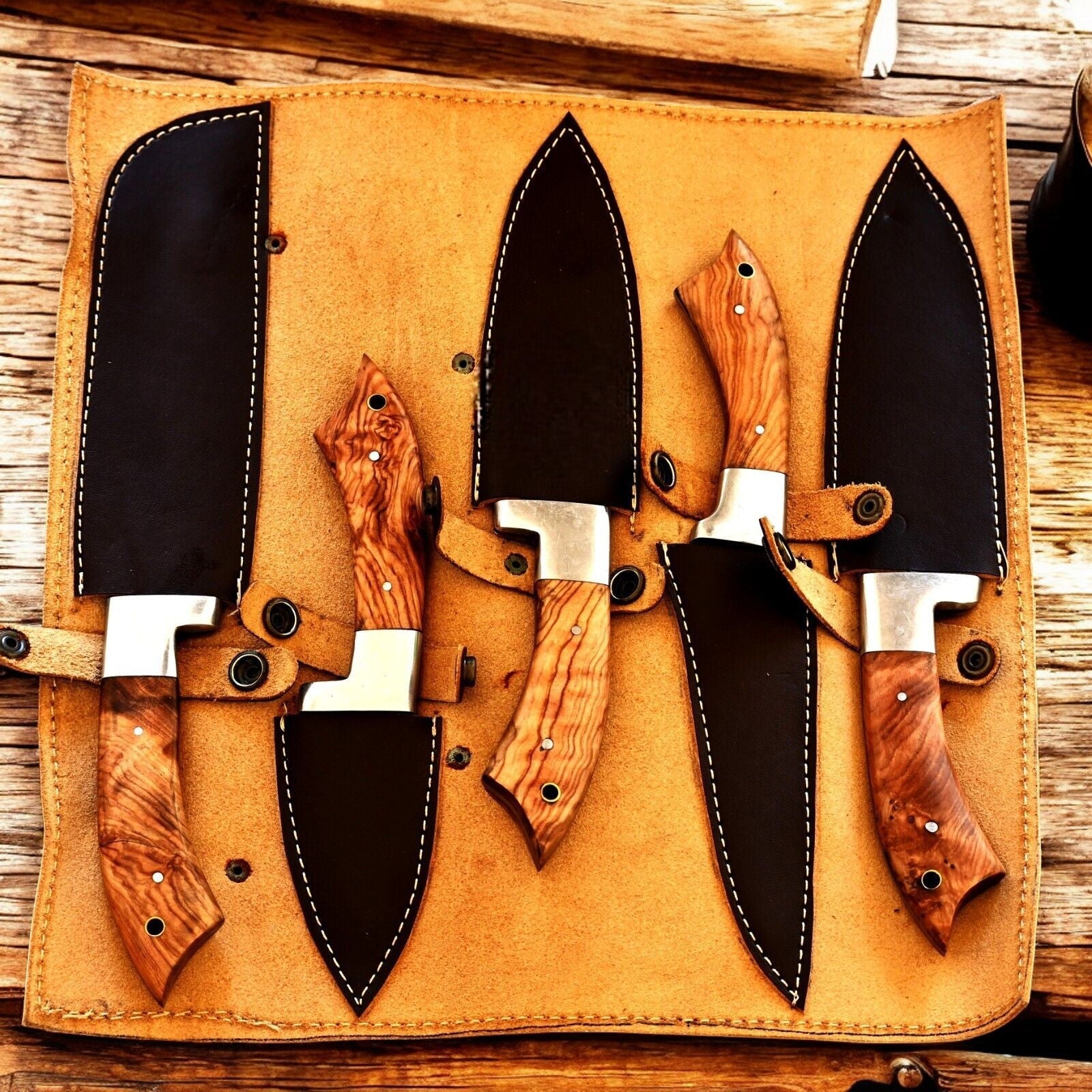 Damascus Knife Store Handmade Kitchen Knives Set with Olivewood Handle - Angler's Pro Tackle & Outdoors