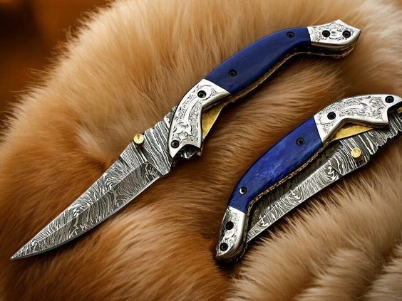 Damascus Knife Store Handmade Pocket Knife – Blue Wood Handle - Angler's Pro Tackle & Outdoors