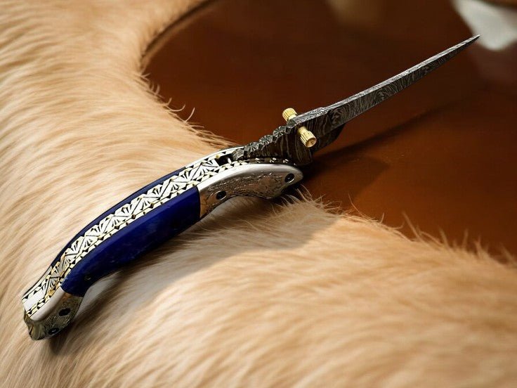 Damascus Knife Store Handmade Pocket Knife – Blue Wood Handle - Angler's Pro Tackle & Outdoors