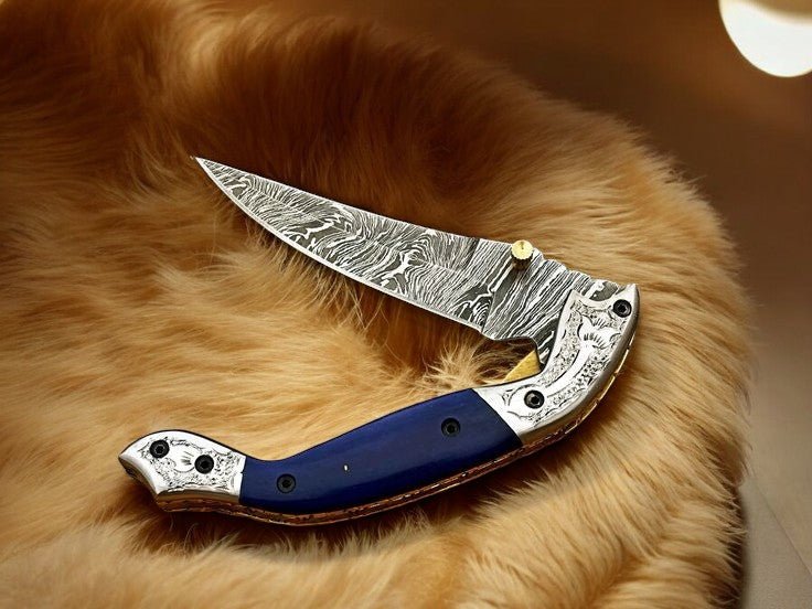 Damascus Knife Store Handmade Pocket Knife – Blue Wood Handle - Angler's Pro Tackle & Outdoors