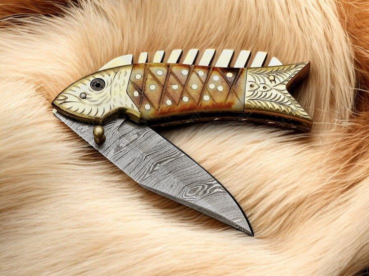 Damascus Knife Store Handmade Pocket Knife – Bone Handle & Brass Engraving - Angler's Pro Tackle & Outdoors