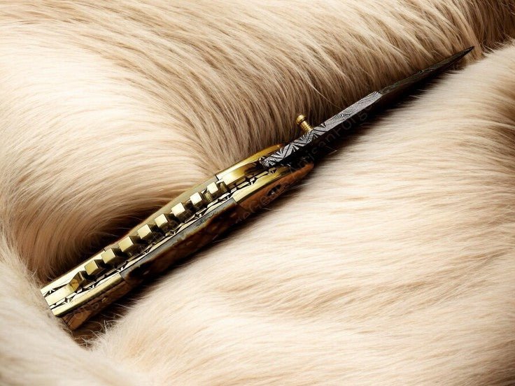 Damascus Knife Store Handmade Pocket Knife – Bone Handle & Brass Engraving - Angler's Pro Tackle & Outdoors