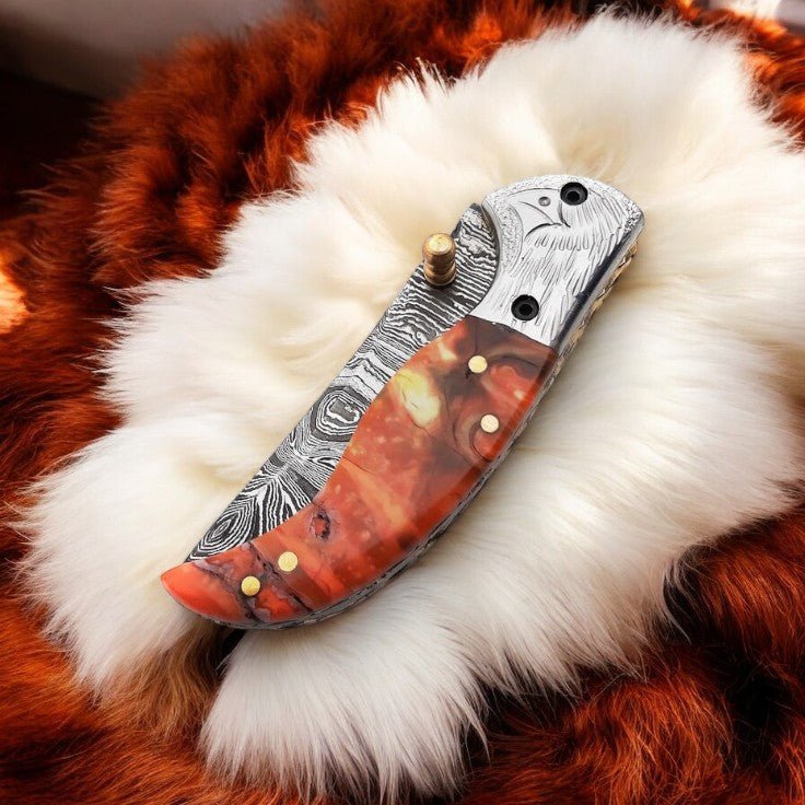 Damascus Knife Store Handmade Pocket Knife – Epoxy Resin Handle - Angler's Pro Tackle & Outdoors