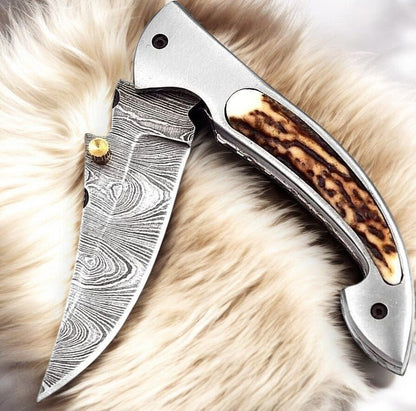 Damascus Knife Store Handmade Pocket Knife – Stag Horn Handle, 3” - Angler's Pro Tackle & Outdoors