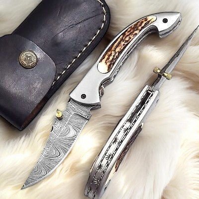 Damascus Knife Store Handmade Pocket Knife – Stag Horn Handle, 3” - Angler's Pro Tackle & Outdoors