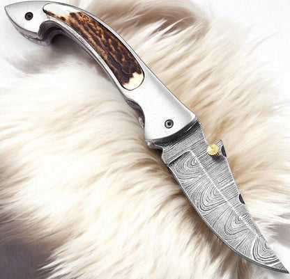 Damascus Knife Store Handmade Pocket Knife – Stag Horn Handle, 3” - Angler's Pro Tackle & Outdoors