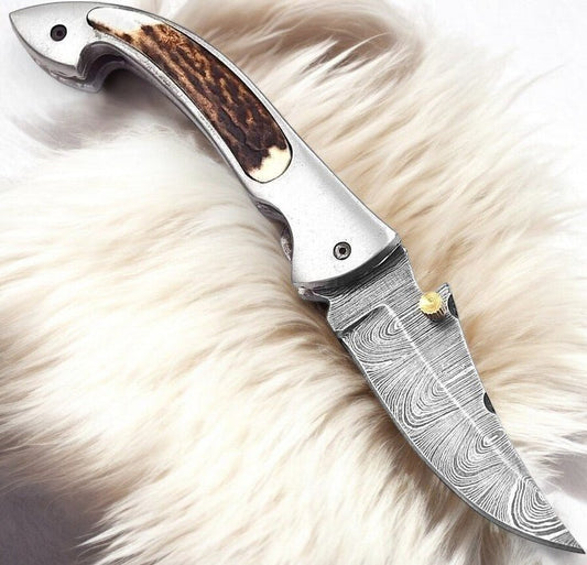 Damascus Knife Store Handmade Pocket Knife – Stag Horn Handle, 3” - Angler's Pro Tackle & Outdoors
