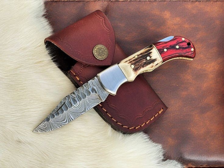 Damascus Knife Store Handmade Pocket Knife – Stag & Pakka Wood - Angler's Pro Tackle & Outdoors