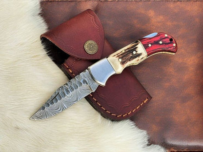Damascus Knife Store Handmade Pocket Knife – Stag & Pakka Wood - Angler's Pro Tackle & Outdoors