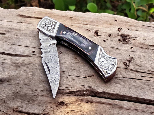 Damascus Knife Store Handmade Pocket Knife with Black Wood Handle - Angler's Pro Tackle & Outdoors