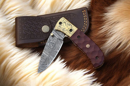 Damascus Knife Store Handmade Pocket Knife with Micarta Handle - Angler's Pro Tackle & Outdoors