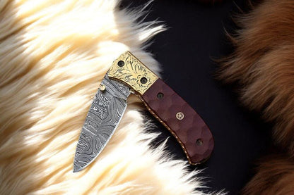 Damascus Knife Store Handmade Pocket Knife with Micarta Handle - Angler's Pro Tackle & Outdoors