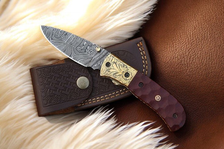 Damascus Knife Store Handmade Pocket Knife with Micarta Handle - Angler's Pro Tackle & Outdoors