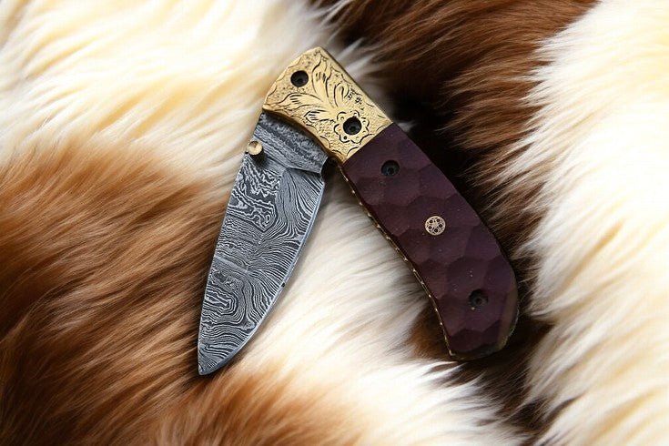 Damascus Knife Store Handmade Pocket Knife with Micarta Handle - Angler's Pro Tackle & Outdoors