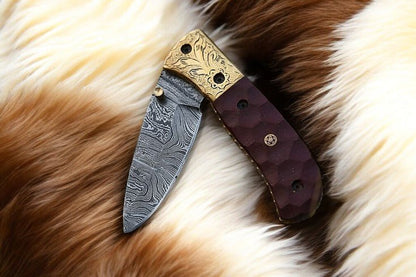 Damascus Knife Store Handmade Pocket Knife with Micarta Handle - Angler's Pro Tackle & Outdoors