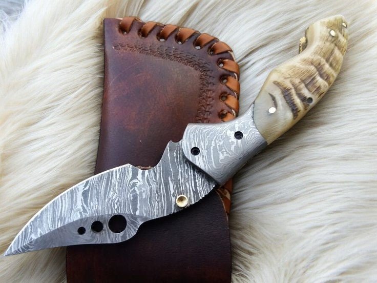 Damascus Knife Store Handmade Pocket Knife with Sheep Horn Handle - Angler's Pro Tackle & Outdoors