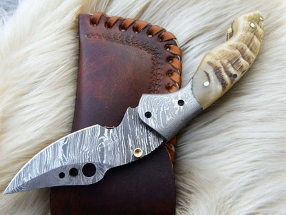 Damascus Knife Store Handmade Pocket Knife with Sheep Horn Handle - Angler's Pro Tackle & Outdoors