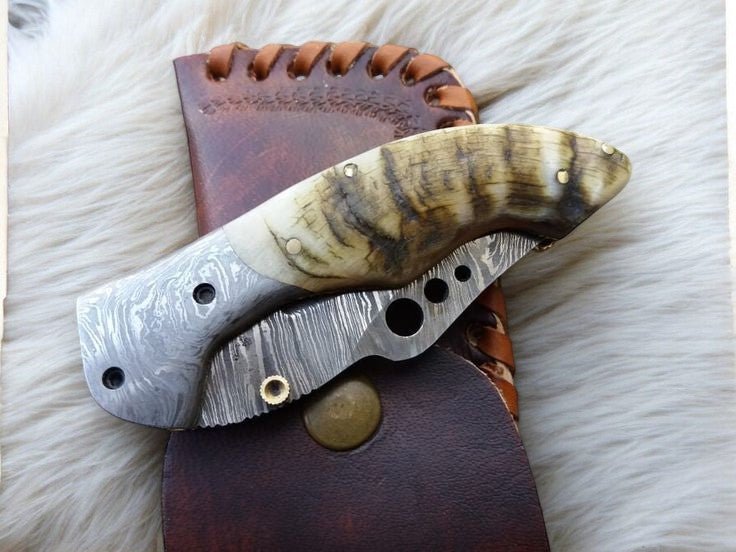 Damascus Knife Store Handmade Pocket Knife with Sheep Horn Handle - Angler's Pro Tackle & Outdoors