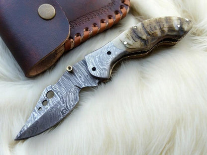 Damascus Knife Store Handmade Pocket Knife with Sheep Horn Handle - Angler's Pro Tackle & Outdoors