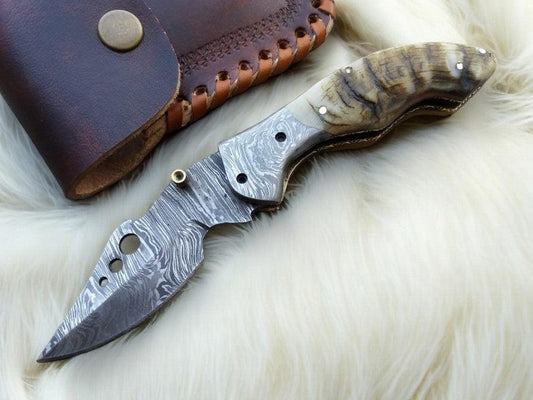 Damascus Knife Store Handmade Pocket Knife with Sheep Horn Handle - Angler's Pro Tackle & Outdoors
