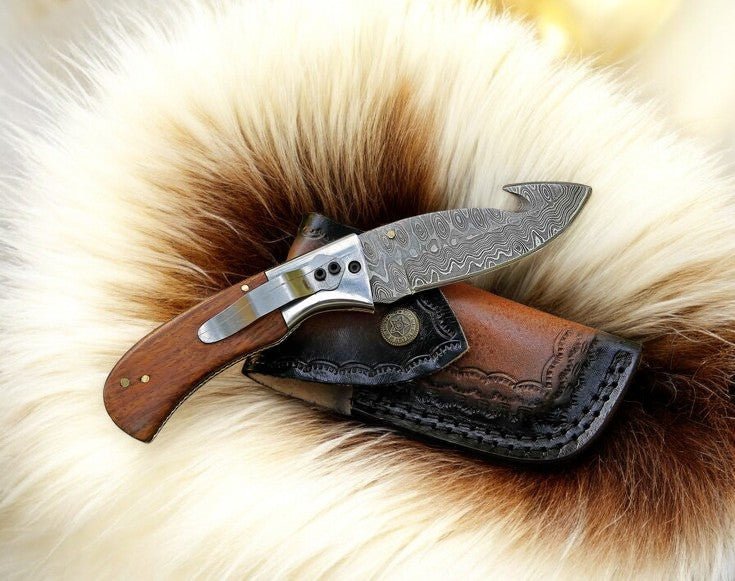 Damascus Knife Store Handmade Steel Folding Knife with Rosewood Handle - Angler's Pro Tackle & Outdoors