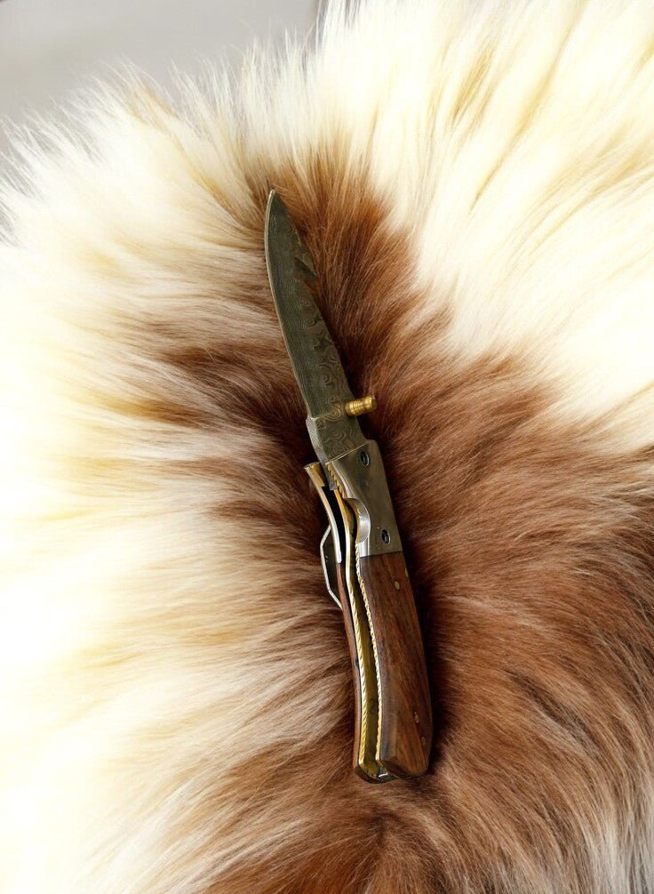 Damascus Knife Store Handmade Steel Folding Knife with Rosewood Handle - Angler's Pro Tackle & Outdoors