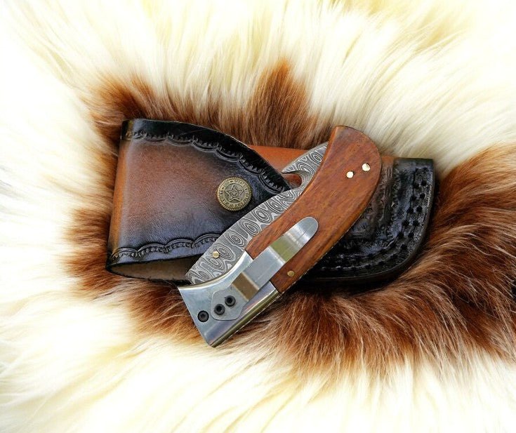 Damascus Knife Store Handmade Steel Folding Knife with Rosewood Handle - Angler's Pro Tackle & Outdoors