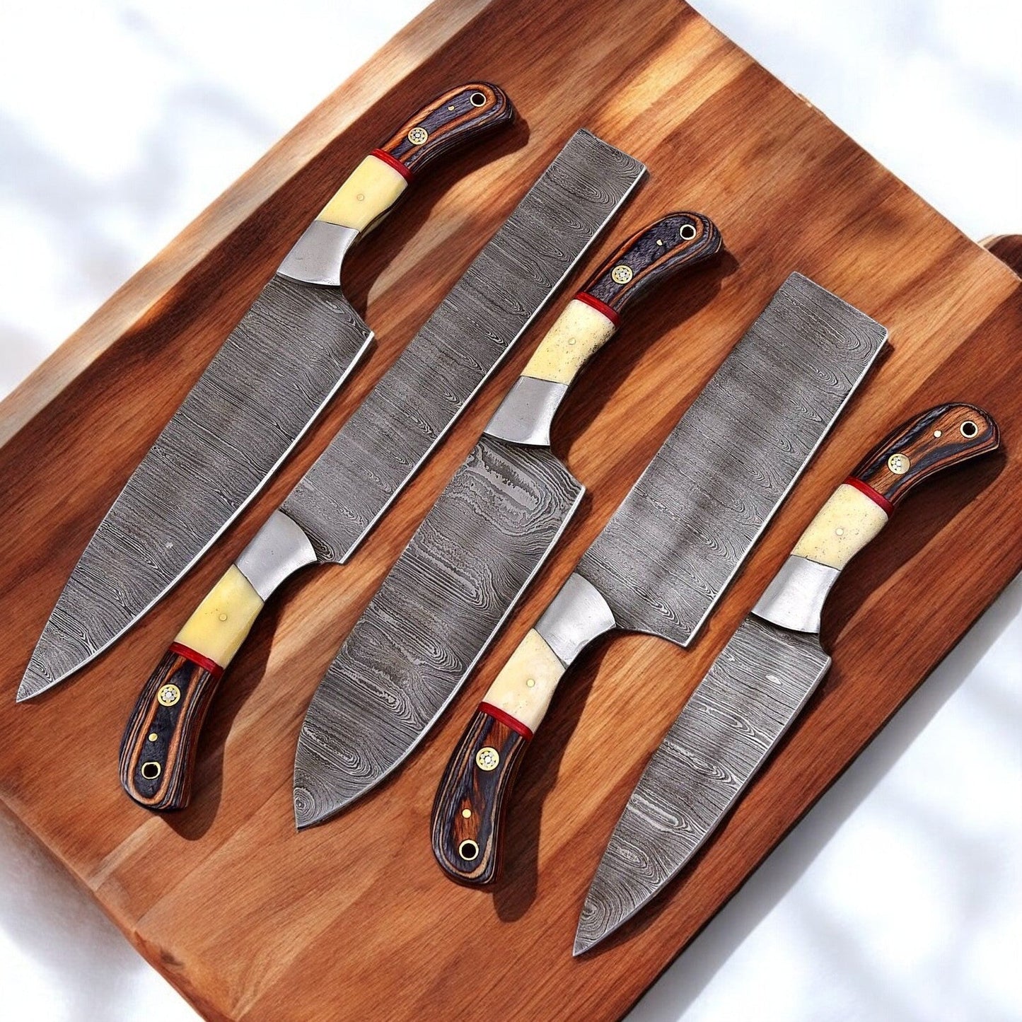 Damascus Knife Store Handmade Steel Kitchen Knives Set with Leather Roll - Angler's Pro Tackle & Outdoors